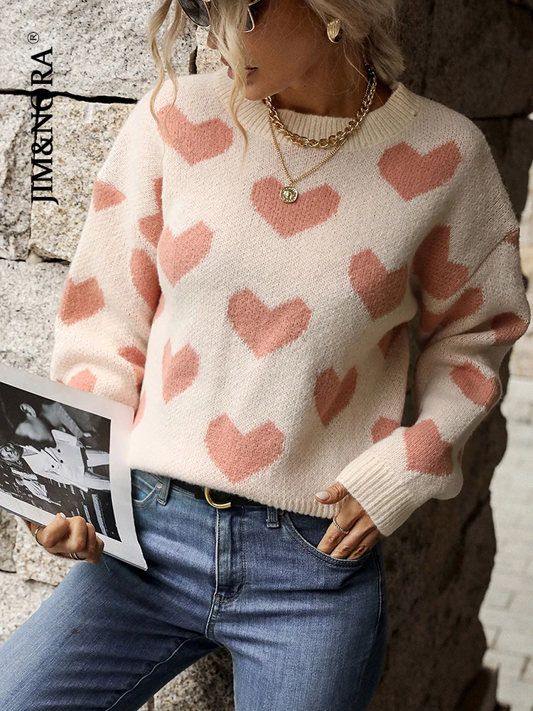 JIM u0026 NORA Women Heart Print Pink Knit Long Sleeve Round Neck Sweater  Autumn Ladies Casual Loose Pullover Fashion Female Tops - AliExpress