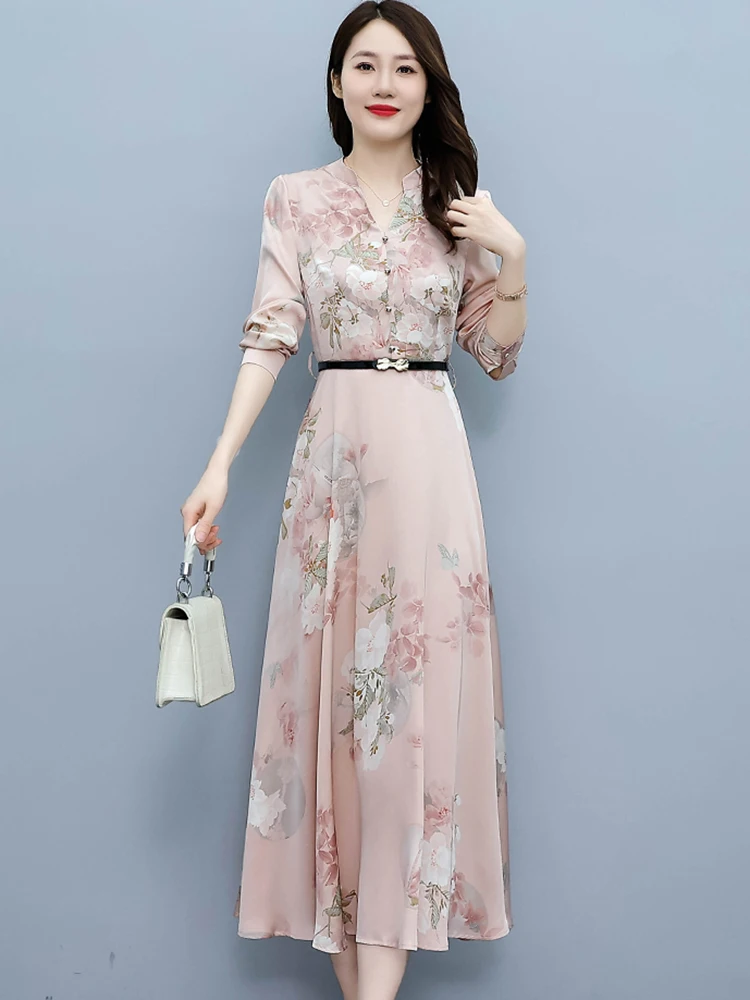 2024 Pink Floral Acetate Satin Casual Long Robe Women Fashion Elegant Chic Party Midi Dress Spring Autumn Bodycon Evening Dress 2