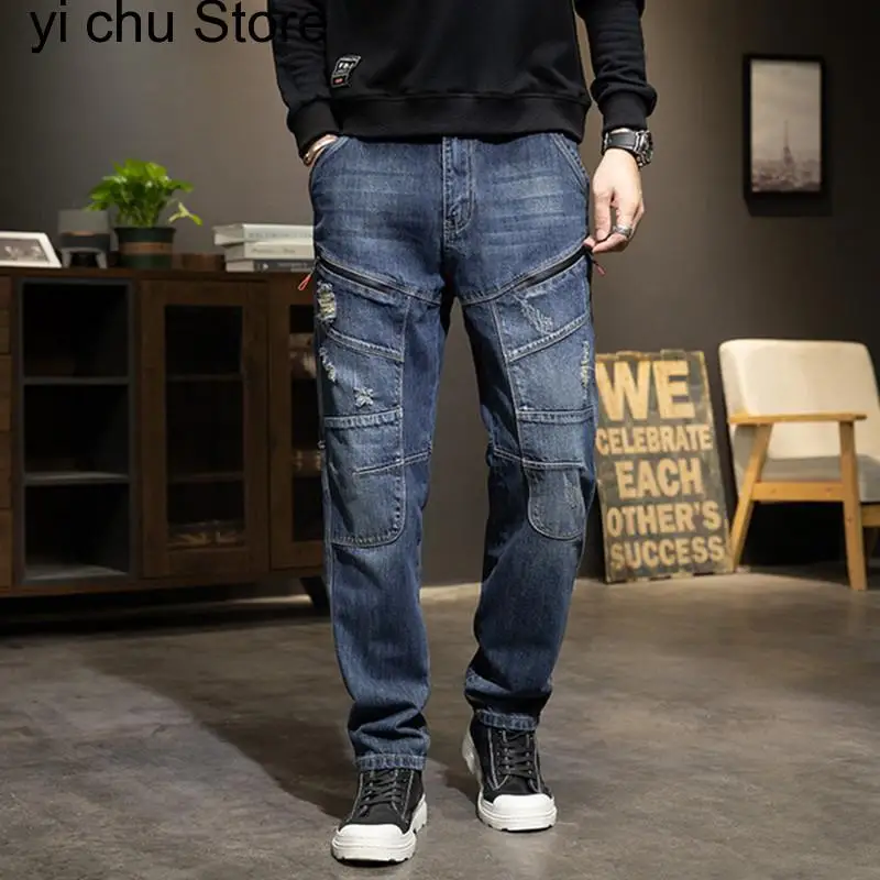 

New Plus Size Straight Jeans Mens Clothing Leisure Denim Pants Elasticity Jean Splice Stitching Men's Cargo Trousers