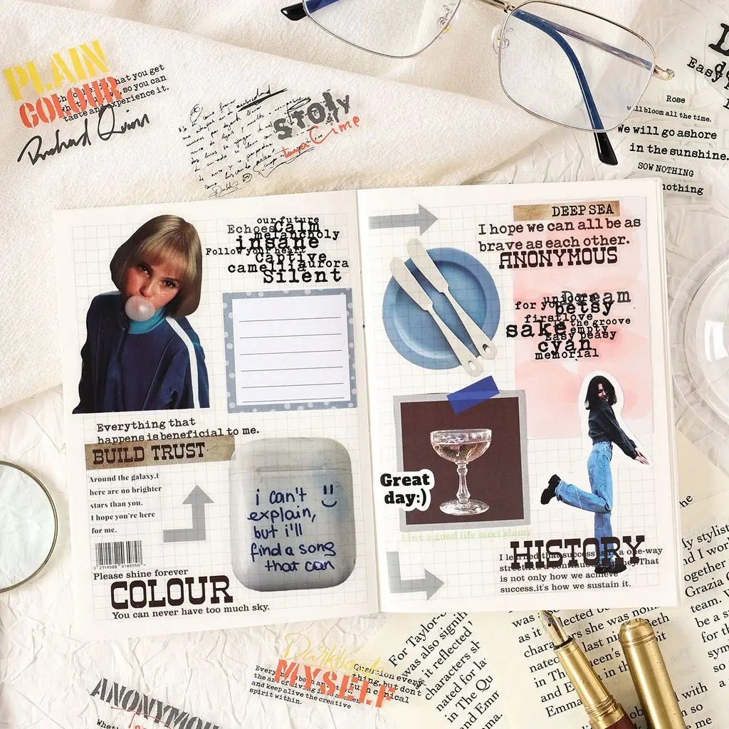 스크랩북킹 저널링용 40개입 PET 영어 스티커, 언크 저널 용품 및 DIY 수제 장식 스티커