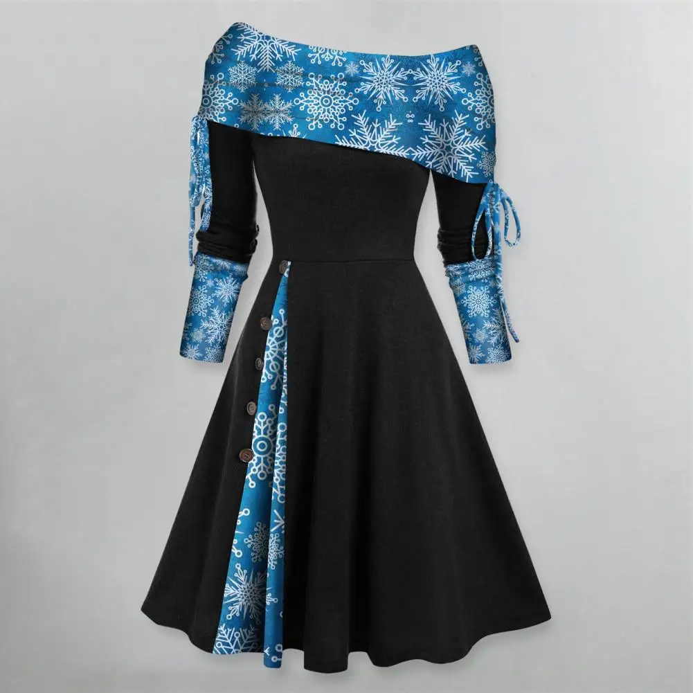 

Women Off Shoulder Dress Stylish Women's Plaid Stitching Print A-line Midi Dress Off Shoulder Long Sleeve Button for Christmas
