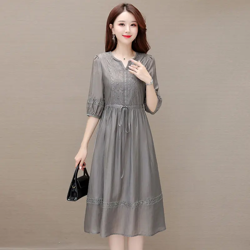 

Summer High end New Women's Dress Solid V-neck Short Sleeve Slim Fit Large Fashion Sexy Dress M-4XL