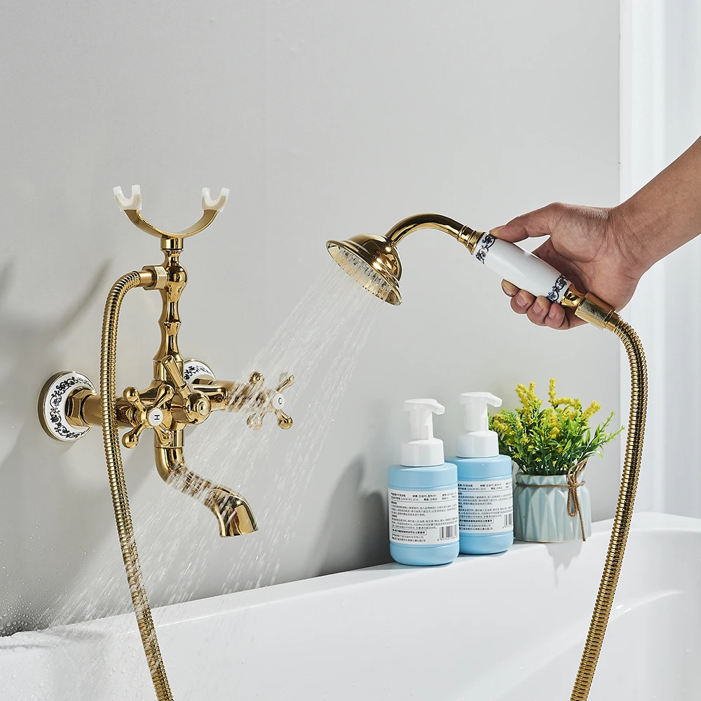 Onyzpily Bathtub Shower Faucet Antique ORB Golden Phone Style  Spray Wall-Mounted Hot And Cold Faucet Blue and White Porcelain 2