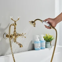 Onyzpily Bathtub Shower Faucet Antique ORB Golden Phone Style  Spray Wall-Mounted Hot And Cold Faucet Blue and White Porcelain 2