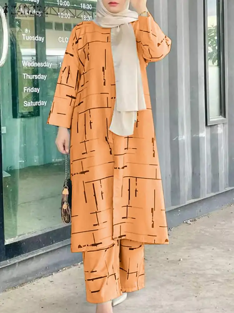 ZANZEA Women Summer Floral Printing Muslim Sets Full Sleeve O-Neck Turkey Blouse Casual Loose Elegant Ankle Length Wide Leg Pant