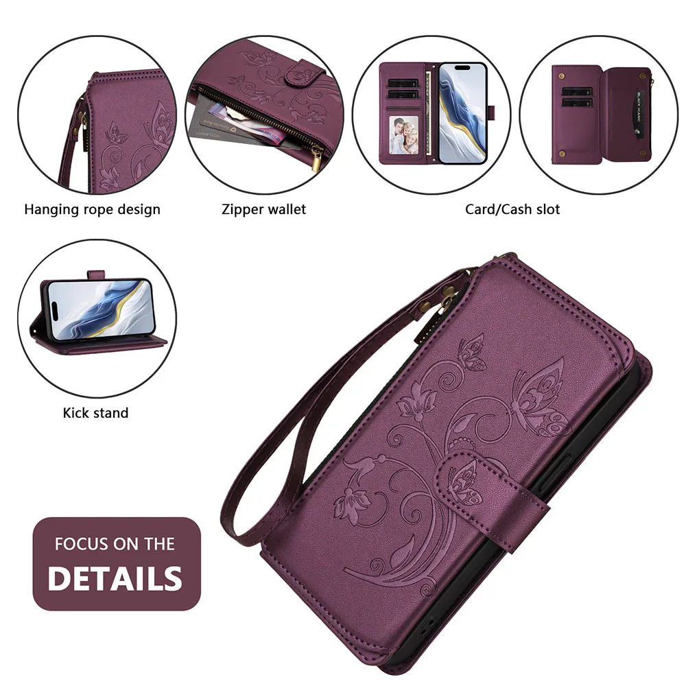 Multi Card Slot Wallet Case with Zipper Cover and Long Lanyard