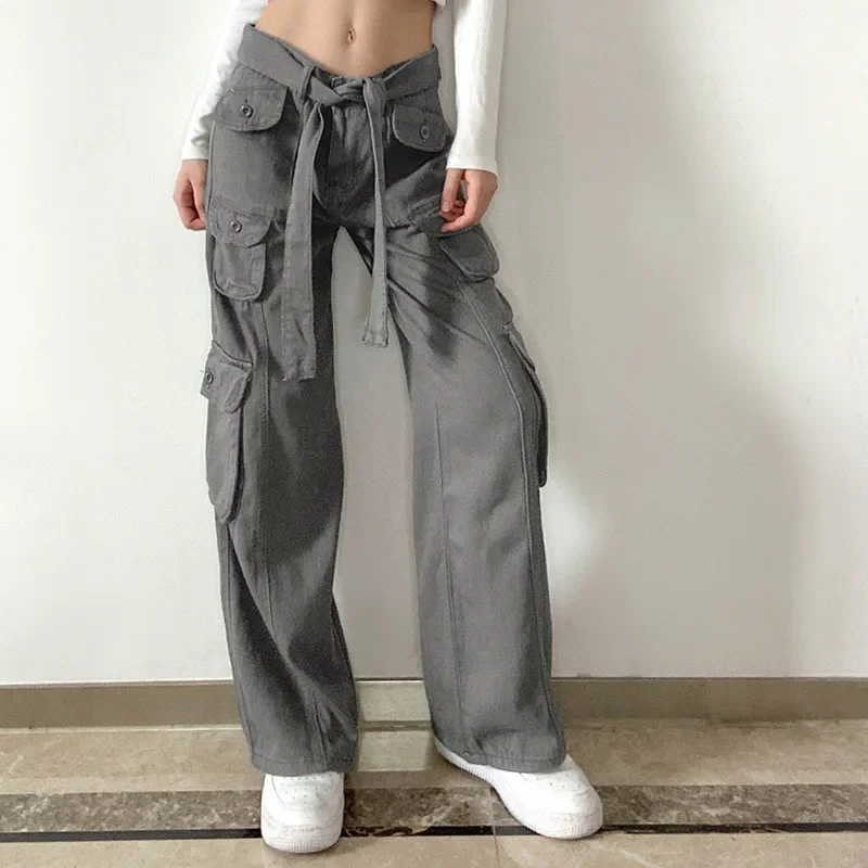 Fashion Girls Denim Cargo Jeans Pants for Women Streetwear Chic Casual Female Overalls with Pockets Straight Wide Trousers india punk vintage low rise flared jeans with pockets goth streetwear full length blue woman jeans y2k retro chic pants fall