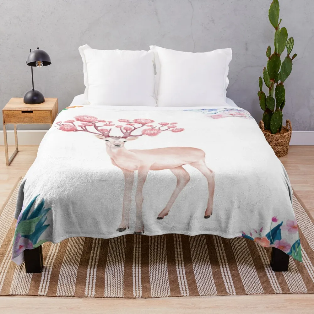 

Watercolor Illustration of A Deer with Flowers on Its Horns Flannel Throw Blanket for Boys Girl Super Soft Blanket for Sofa Bed