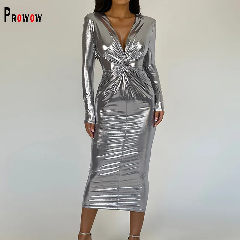 

Prowow Fashion Glossy Women's Maxi Dress Long Sleeve V-neck Elegant Evening Birthday Party Wear Flods Slim Fit Female Clothing