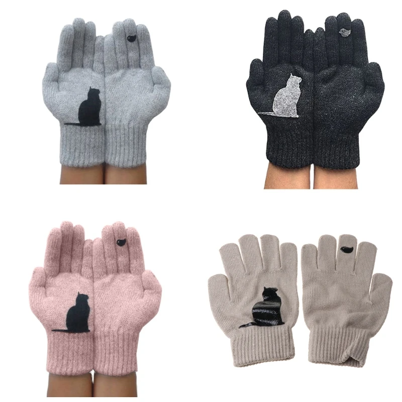

New Winter Full Finger Running Gloves Cartoon Patchwork Knit Warm Mittens for Women