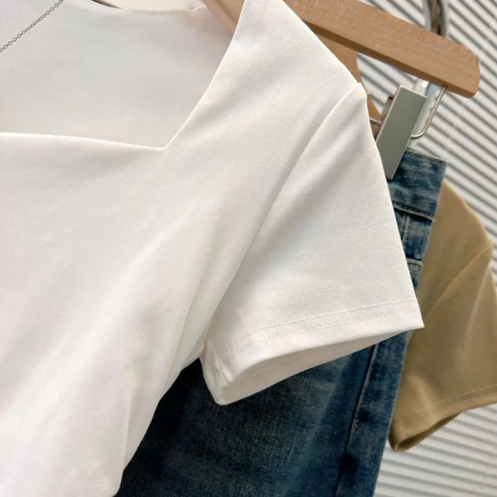 Breathable Slim Fit Y2K Crop Tops Pleated Short Sleeves Korean T-shirt Summer Women Clothing Solid Short T-shirt Party