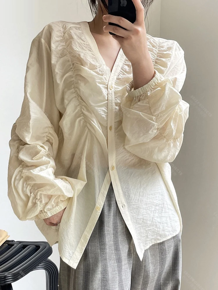 

TPJB New V-neck Pleated Perspective Thin Shirt For Women Long Sleeve Folds Loose Fit Fashion Beige Blusas Summer New Tide Top