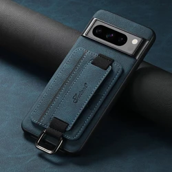 Premium Wallet Case with Elastic Wrist Strap and Kickstand - Card Slots Holder Back Cover for Pixel 8 Pro (Blue)