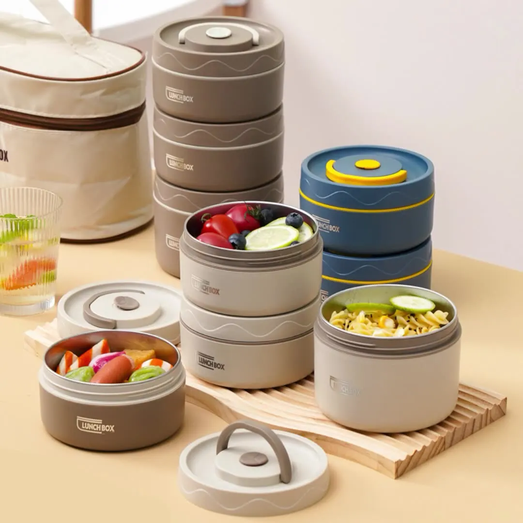 

304 stainless steel insulated lunch box portable round multi-layer work student sealed bento lunch box