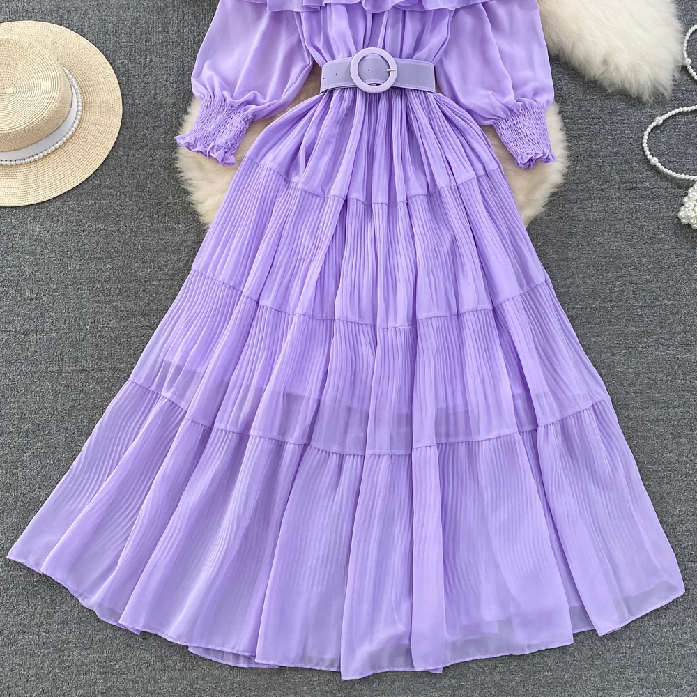Women Vintage Off Shoulder Dress Chiffon Summer Sweet Lotus Leaf Edge Elegant Pleated Dresses Ladies Evening Party Long Dress