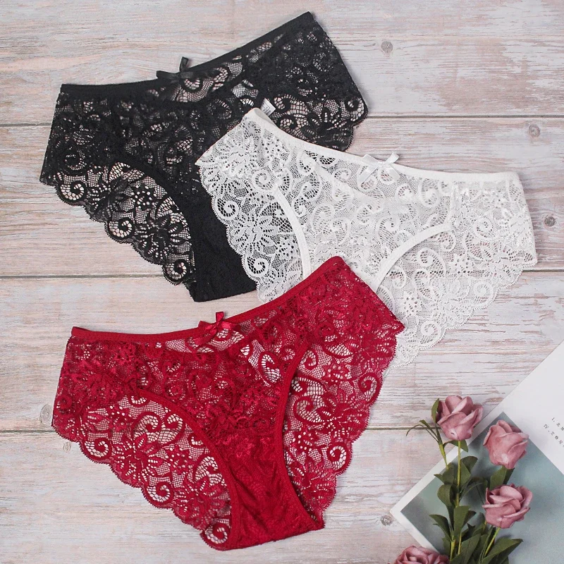 5PCS Embroidery Lace Underwear Women Briefs Hollow Out Mid Waist Plus Size Panties Perspective Comfortable Female Sexy lingerie