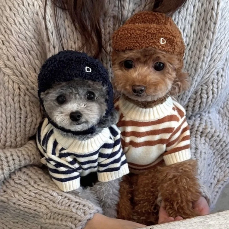 귀여운 줄무늬 개 옷 곰 인쇄 개 스웨터 겨울 따뜻한 강아지 니트 터틀넥 패션 고양이 풀오버 애완 동물 스웨터 의상