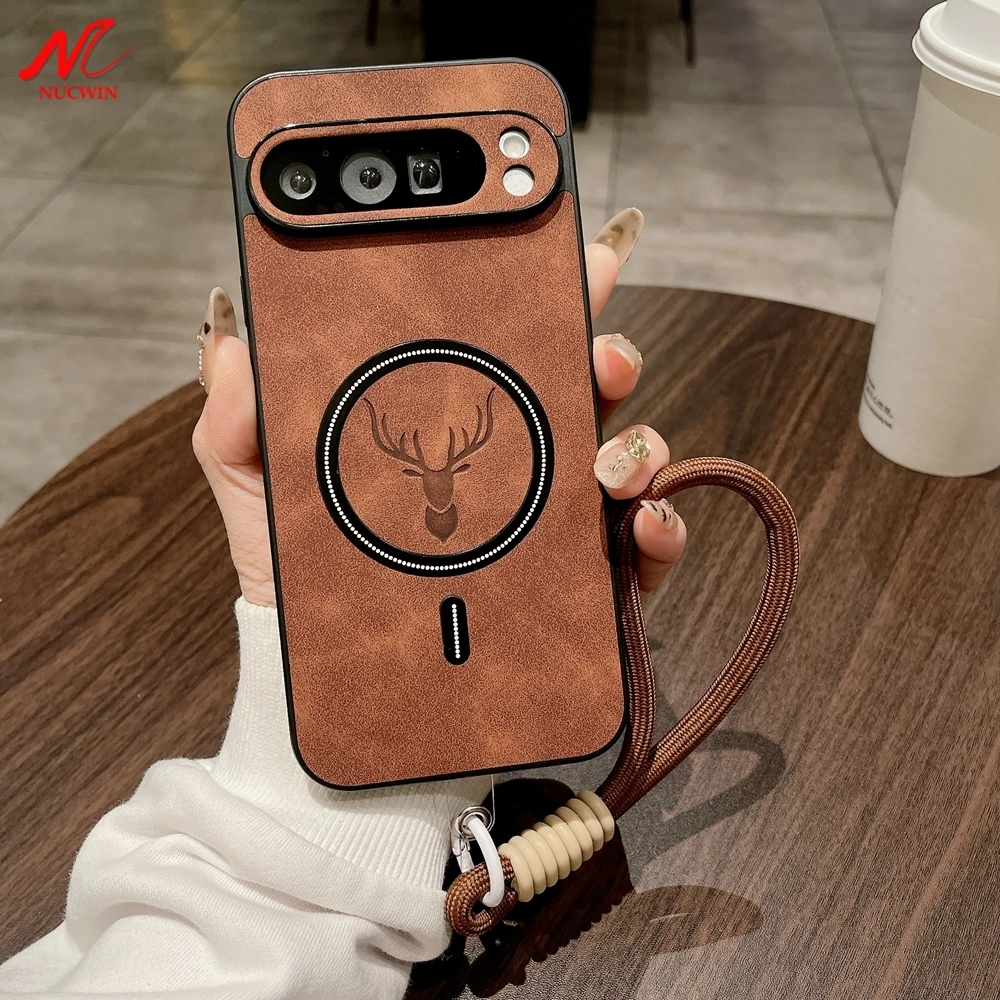 Cartoon Deer Leather Case with Wristband and Wireless Charger Cover