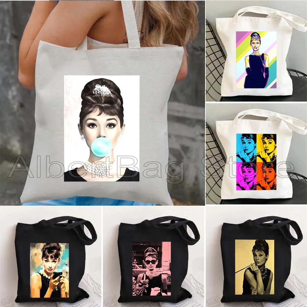 Canvas Tote Bag Shoulder Bag Retro Vintage Audrey Hepburn Pop Art Women Harajuku Handbag Shopper Reusable Foldable