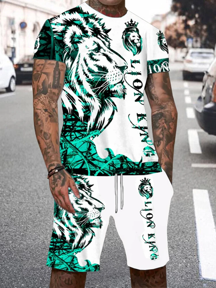 Casual Everyday Short Sleeve+ Shorts 2PCS Set Cool The Lion King 3DPrint T-Shirt +Drawstring Short Set Men's Camping