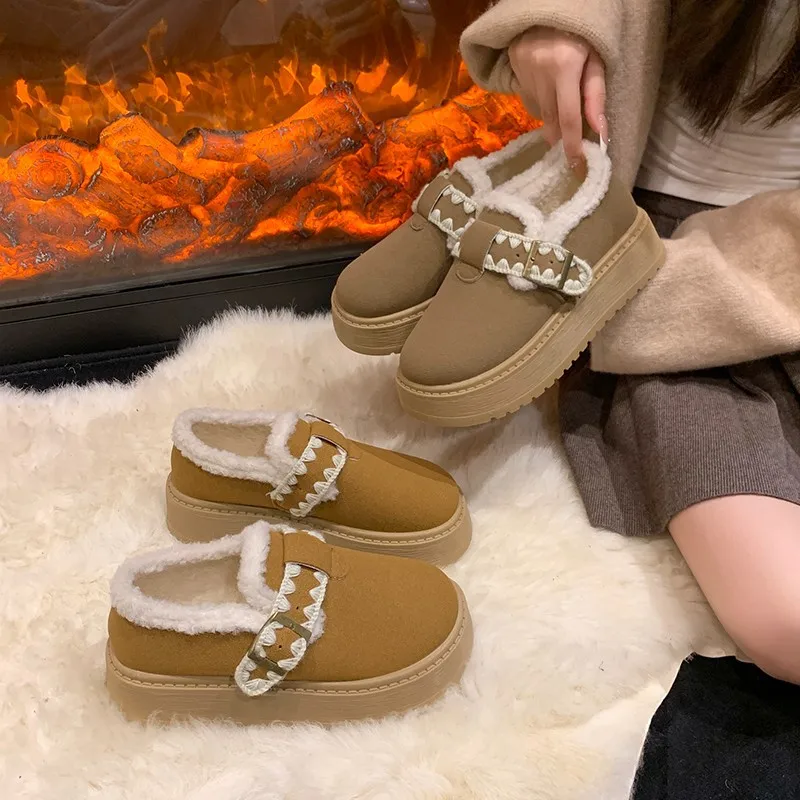 Women's Thick Bottomed Fleece Lined Winter Boots Full Covered Retro Style Comfortable Cotton Shoes Women's Flat Heel Snow Boots