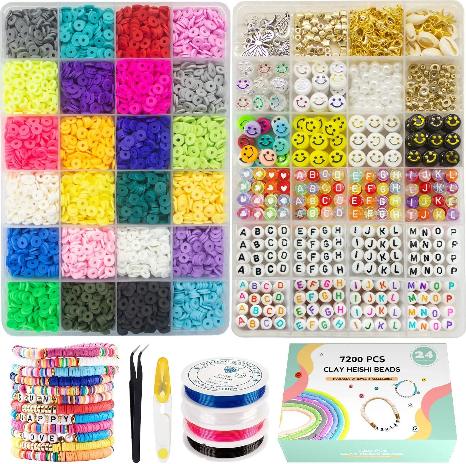 6000 Pcs Clay Heishi Beads for Bracelets, Flat Round Clay Spacer Beads With  900 Pcs Letter Beads, Pendants, Jump Rings 