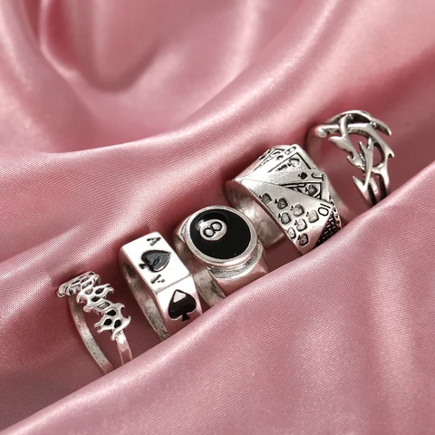 Punk Gothic Butterfly Snake Chain Ring Set for Women Black Dice Vintage Silver Plated Retro Rhinestone Charm Charm Jewelry