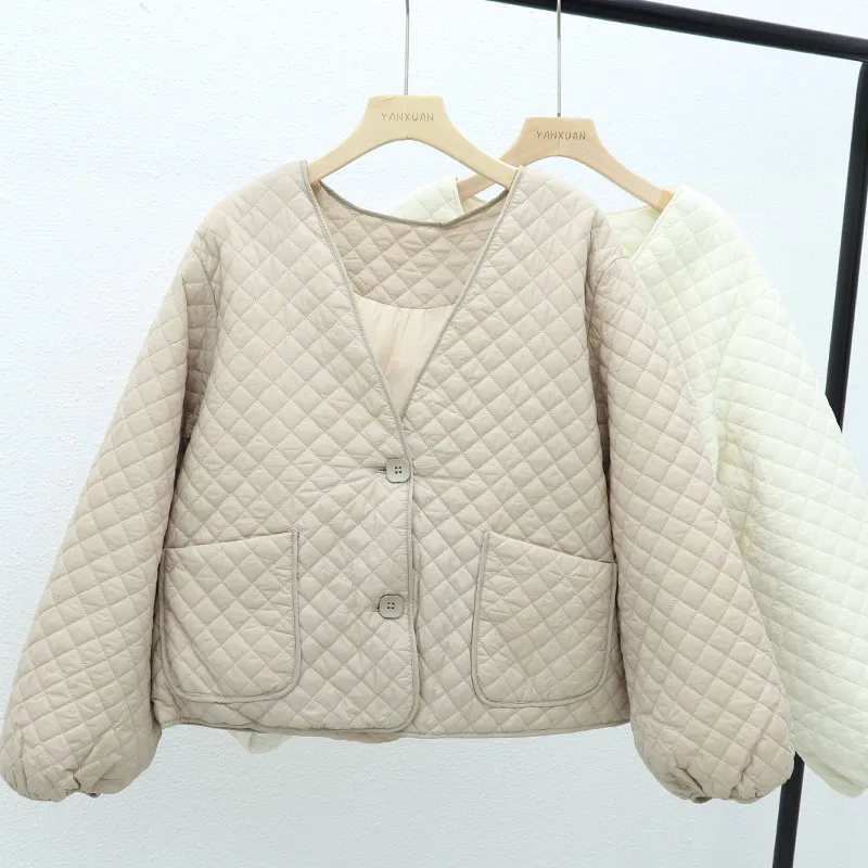 

Winter Light Thin White Duck Down Jacket Parkas Women V Neck Diamond Lattice Down Coat Lady Casual Loose Warm Puffer Outwears