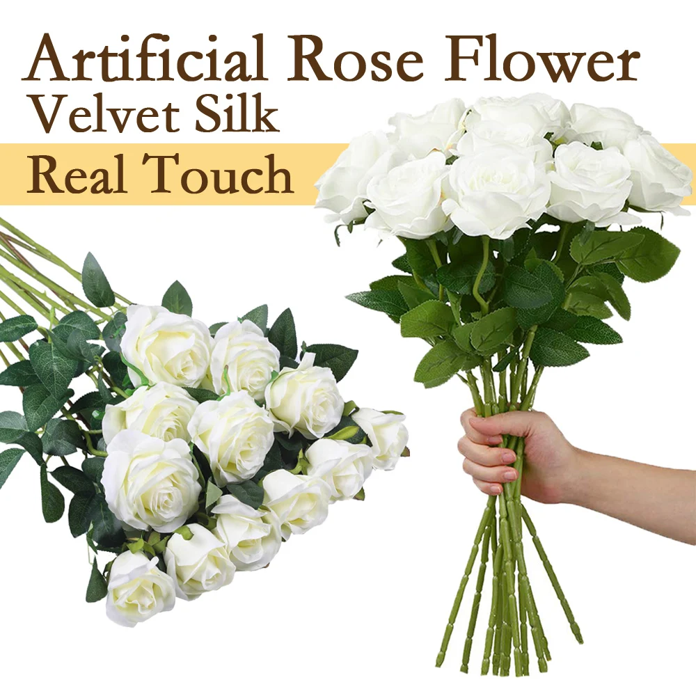 20012PCSArtificialRoseFlowerSilkIvoryRoseRealisticFakeRoses