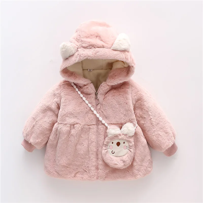 Winter Baby Girl Coat Cute Animal Print Diagonal Cross Bag Coat Sweet Beauty Baby Hooded Warm (0-3 Years Old)