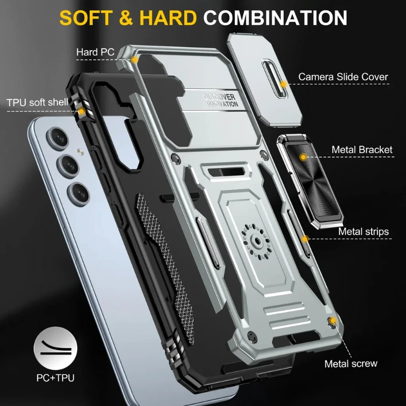 Shockproof Armor Phone Case with Slide Camera Protector and Magnetic Hybrid Ring Cover