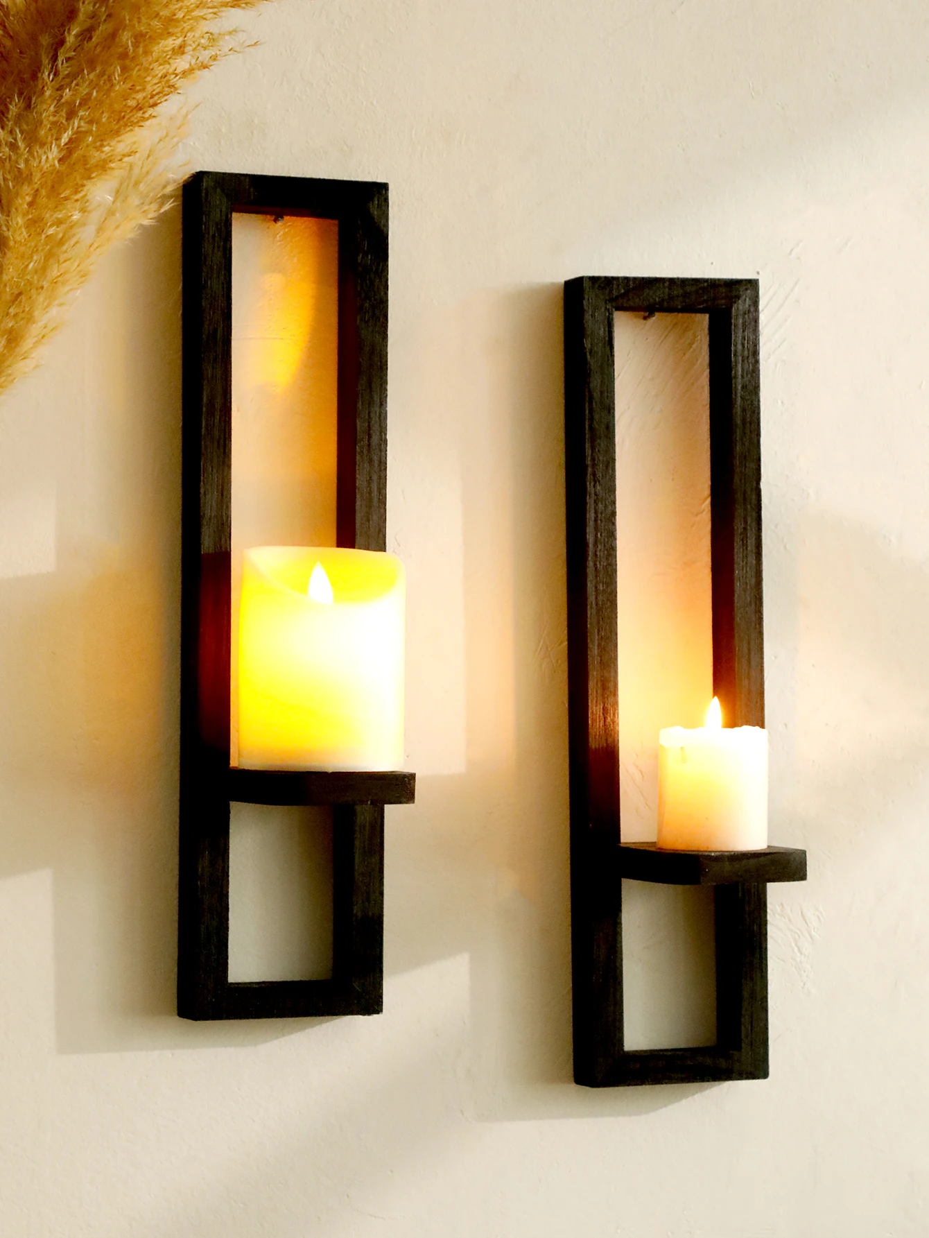 Rustic Black Wood Wall-Mounted Candle Holders