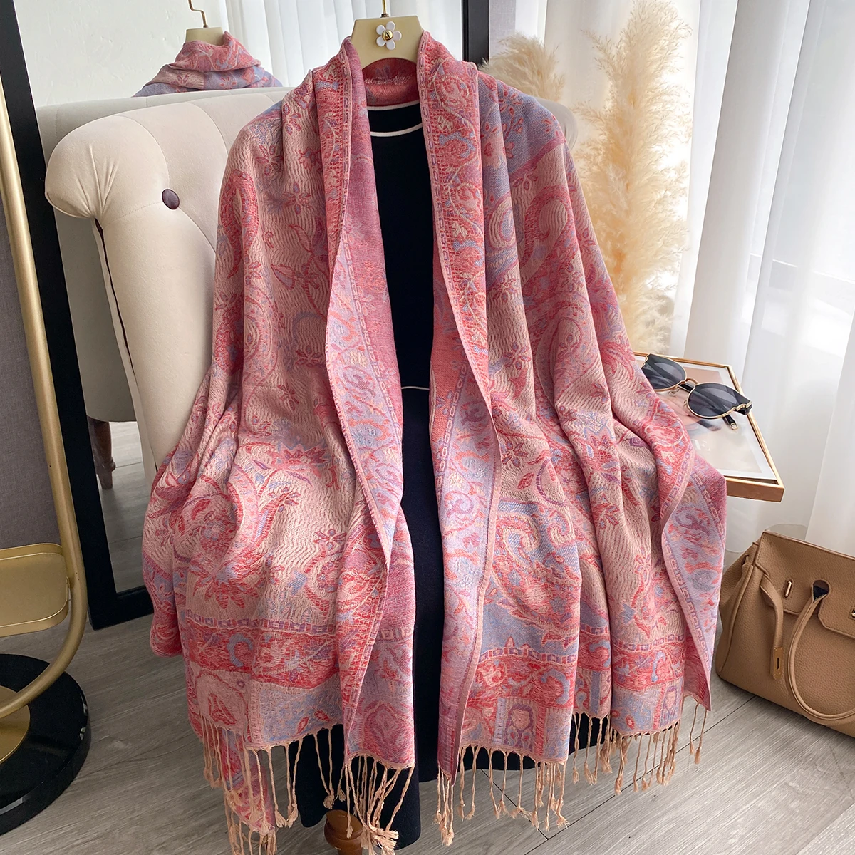 Luxury Women's Winter Cashmere Scarf - Printed Tasseled Shawl, Embroidered Chunky Headscarf & Elegant Pareo Cape