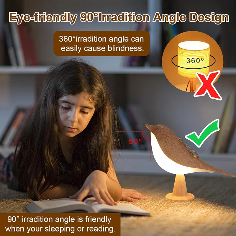 Rechargeable Wooden Bird Night Light with Touch Switch