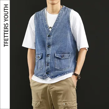 TFETTERS 남성용 일본 캐주얼 데님 조끼, 루즈 워싱 올드 민소매 코트, 단색 칼라리스 데님 재킷, 패션, 여름 신상