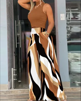 New Women's Summer Two-piece Printed Round Neck Sleeveless Vest Casual Wide Leg Pants Trousers Summer Fashion Suit For Women 1
