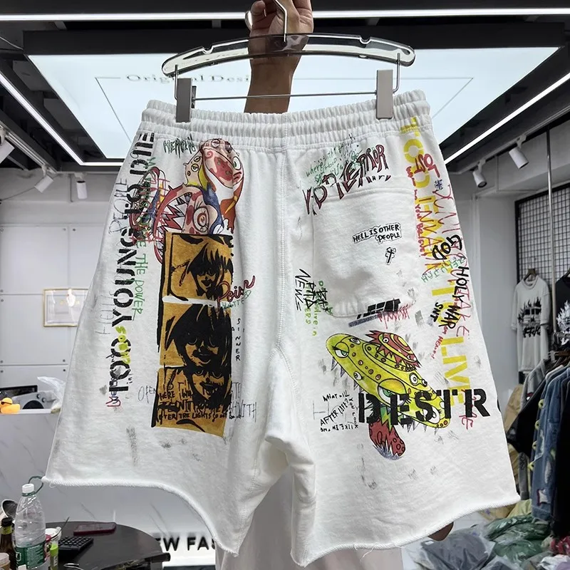 

23SS Streetwear Graffiti Print Apricot Saint Michael Shorts Men Women Drawstring Oversize Shorts Kanye West