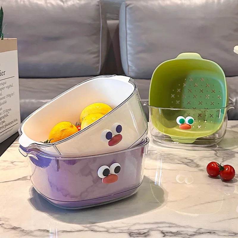 Fruit Plate Double Layer Colorful Drain Basket Fruit Basket Home Use Filtering Thickened Fruit Plate Vegetable Washing
