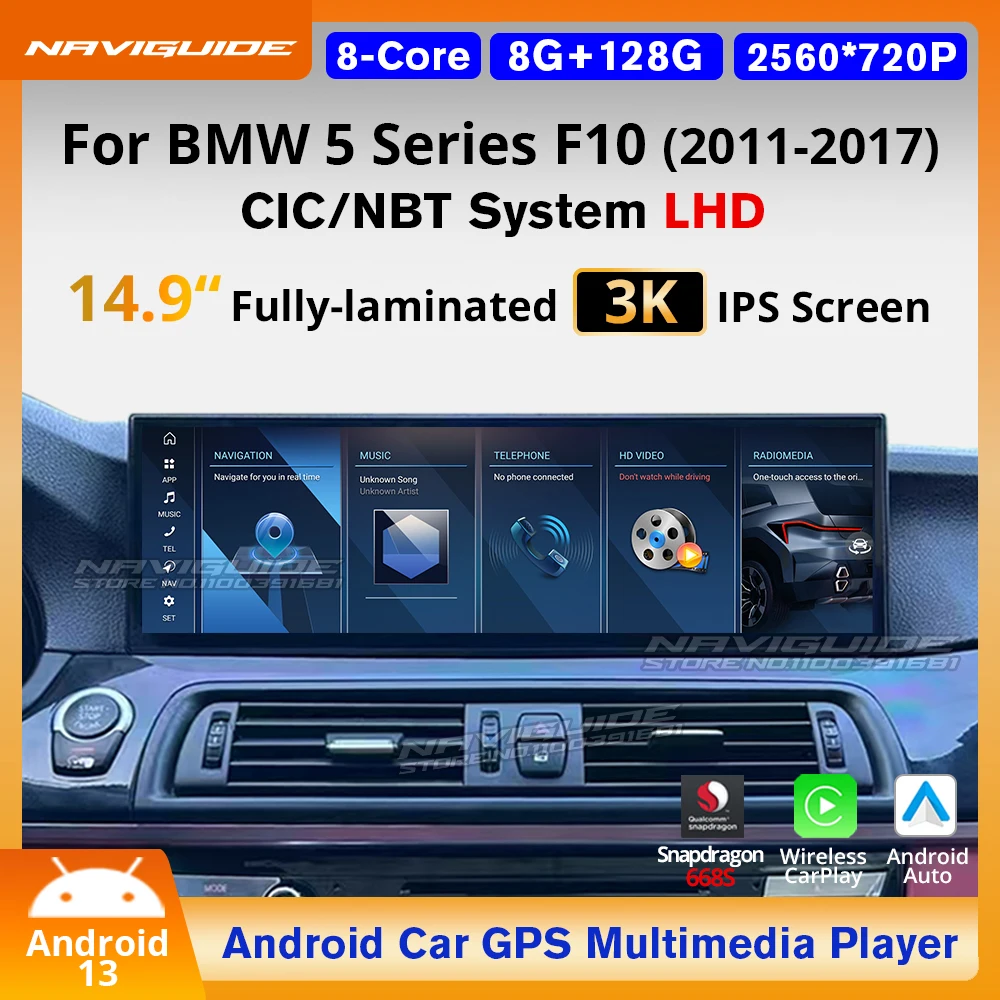 NAVIGUIDE 14.9'' Android13 Wireless Carplay Auto For BMW 5 Series F10 LHD 2011- CIC NBT Car Radio Navi Multimedia Player GPS
