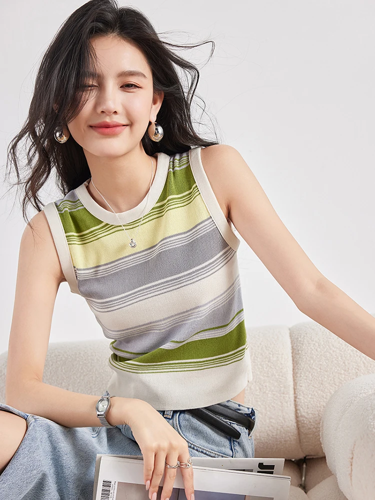 

Women's Basic Tank Crop Top Female Knitted Sleeveless Basic Striped T shirts Women's Slim Stretchy Thin Knitwear Top Summer