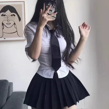 여성용 매끈한 소녀 유니폼 정장, 학생 일상용 JK 유니폼 세트, 긴팔 슬림 화이트 셔츠, 미니 플리츠 스커트, 여름