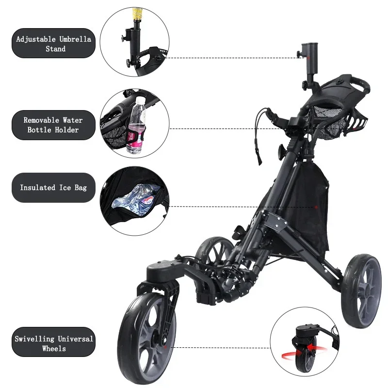 Lightweight Universal Wheel Golf Bag Trolley Aluminum Frame 3 Wheels Golf Push Cart