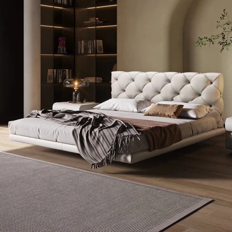 

bed Minimalist floating Italian light luxury modern leather master room simple soft-wrapped edge pull buckle
