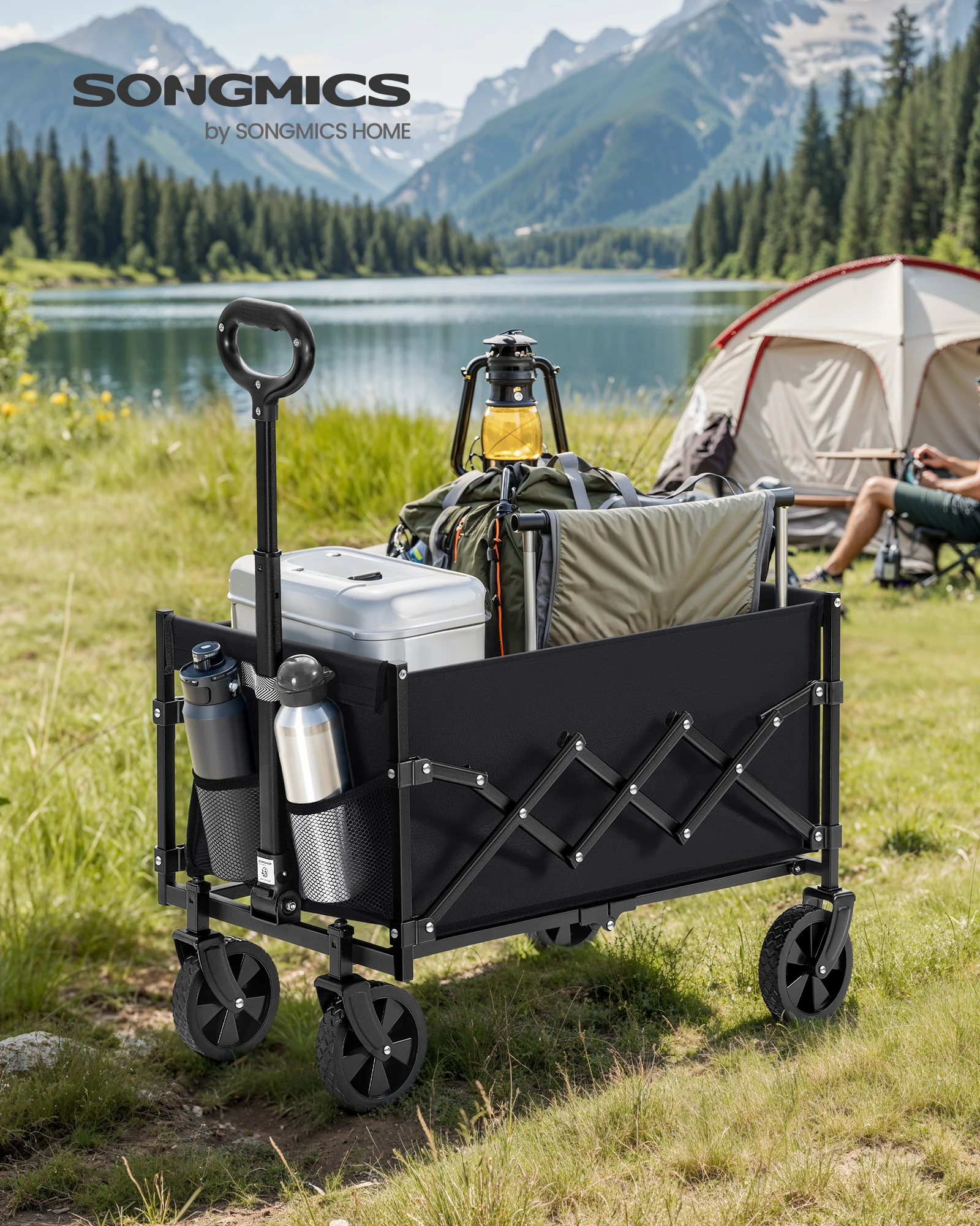 SONGMICS Collapsible Wagon, Portable Wagon Folding with Wheels, Utility Pull Wagon,Camp Garden Cart with Handle,Loads Up to 33lb