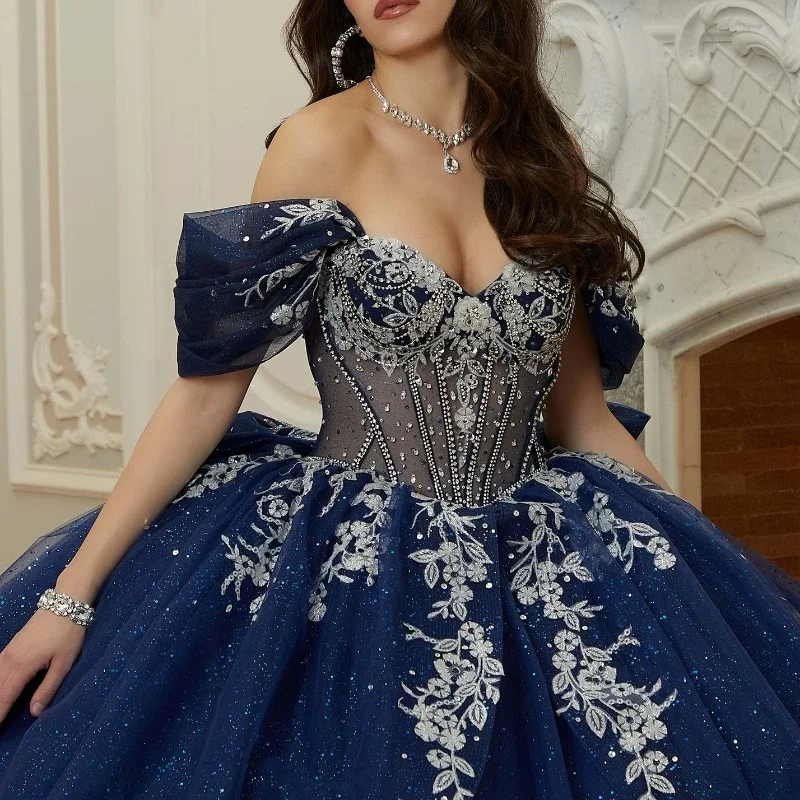 beautiful navy blue dress Long Sleeve Fluffy Navy Blue Dress S main image 0