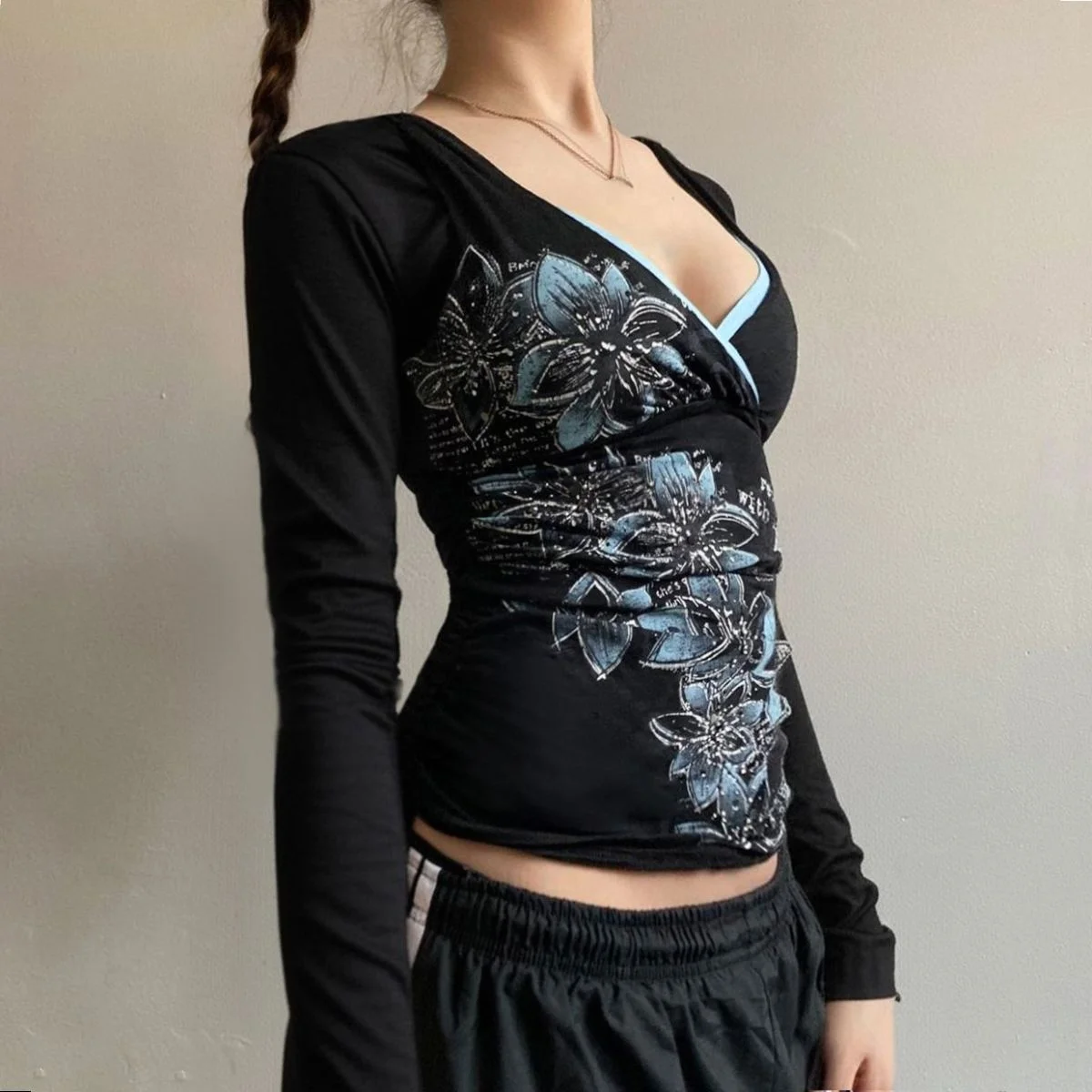 American retro contrasting color V-neck printed spicy girl slim fit T-shirt autumn Y2K Harajuku style punk sexy backless top 3
