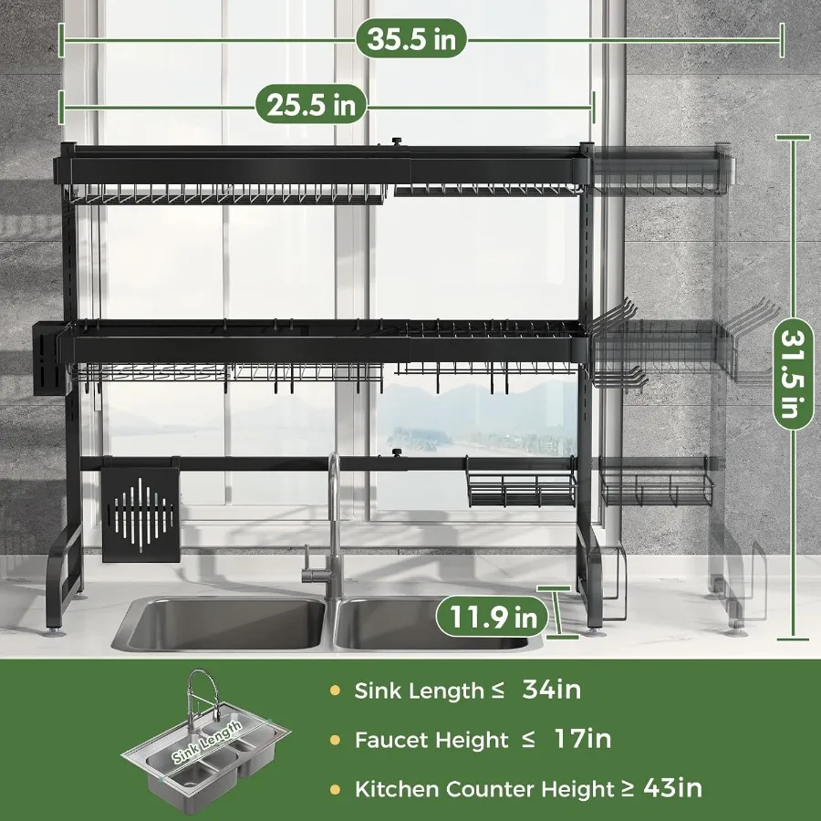 3 Tier Extra Large Stainless Steel Expandable Over The Sink Dish Drainer Drying Rack Rust Proof Metal Space Saving Modern Black