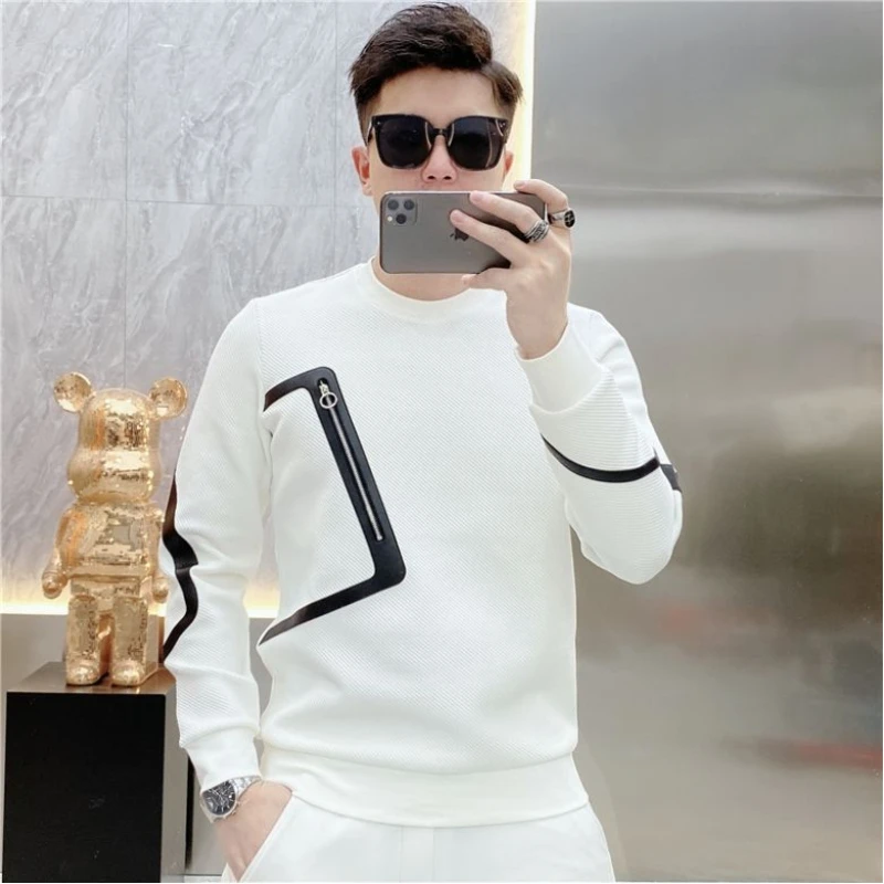 Korean Fashion Trend Autumn New Sweatshirts Men O-Neck New Zipper Jacquard Weave Youthful Vitality Casual Loose Loog Sleeve Tops 3