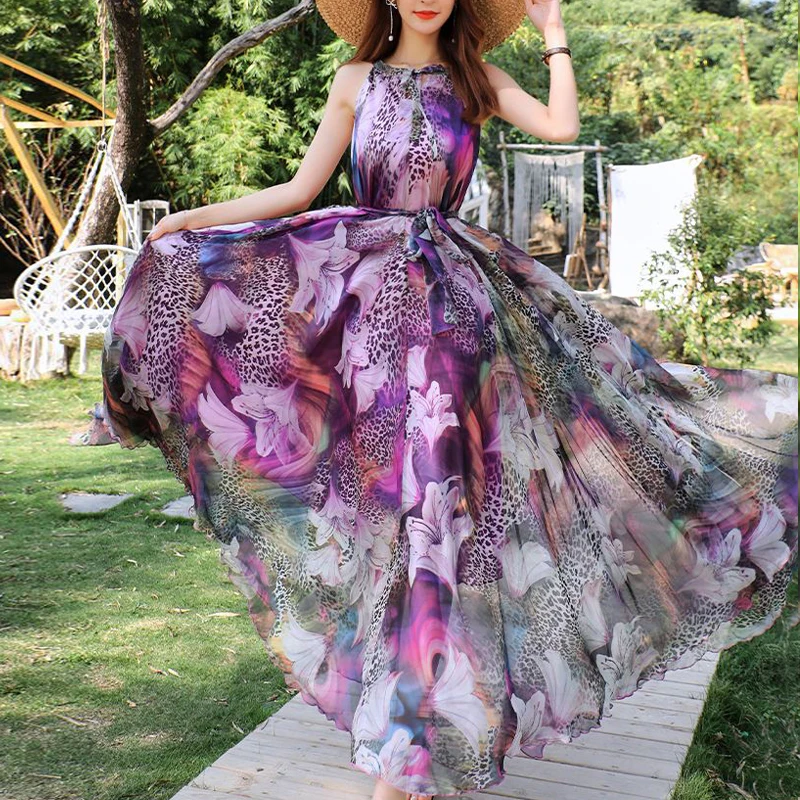 Chiffon Holiday Beach Long Sundress Summer Bohemian Flower Tropical Belt  Fashion Boho Photo Suspender Dresses for Women Long