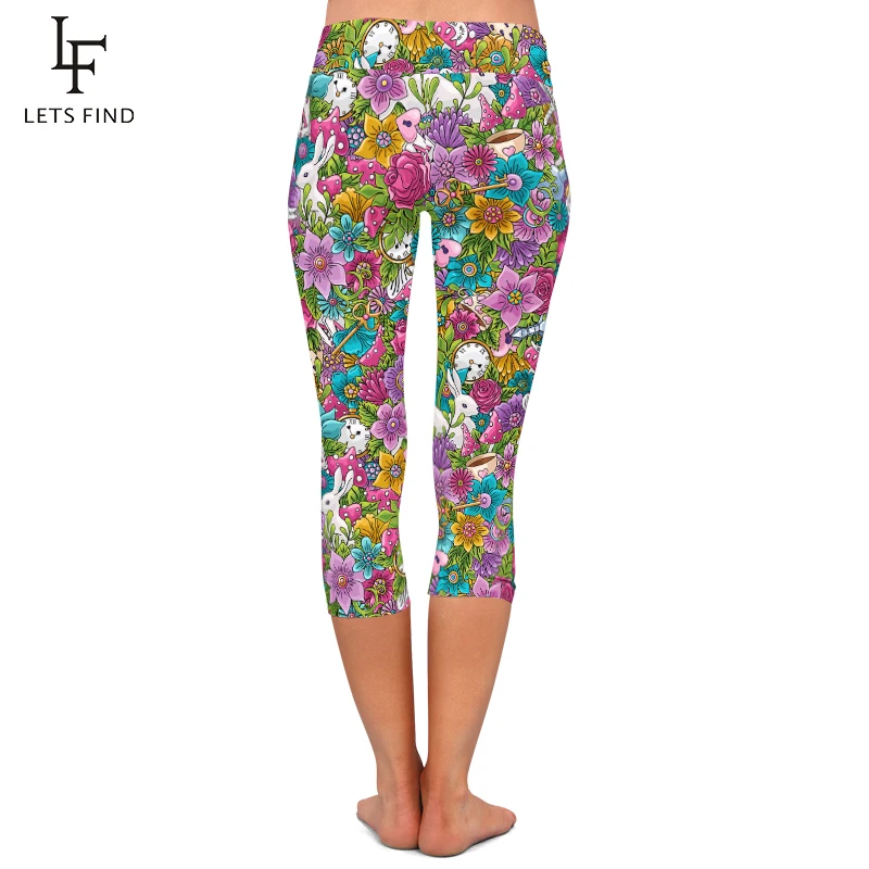 LETSFIND Fashion Colorful Flowers Rabbit Coffee Elements Printed Women Capri Leggings High Waist Fitness Pants Summer